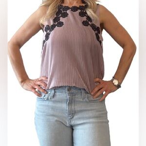 RW & Co Pleated Mauve Tank Top with Black Lace Trim